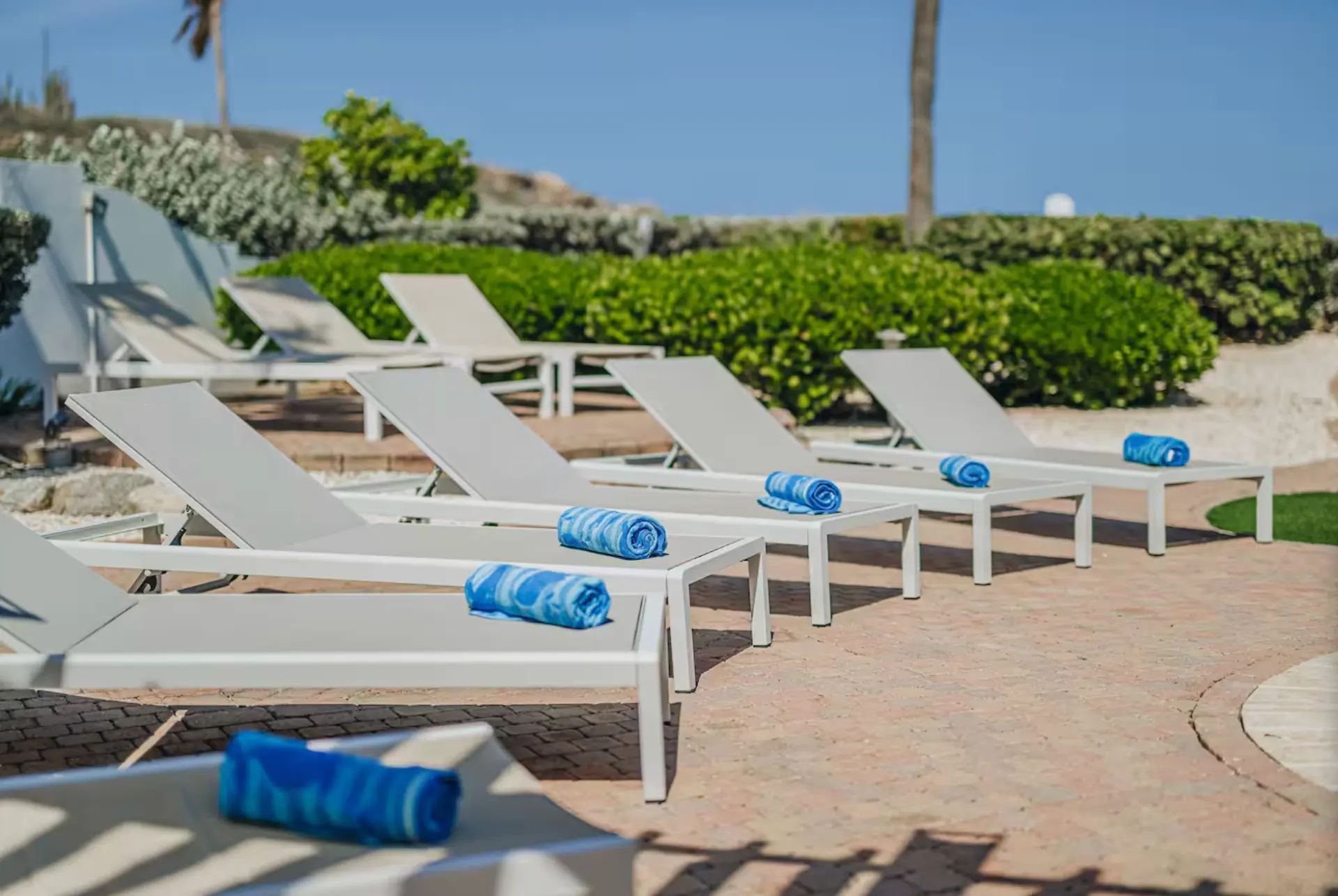 Sun loungers with rolled towels beside the pool