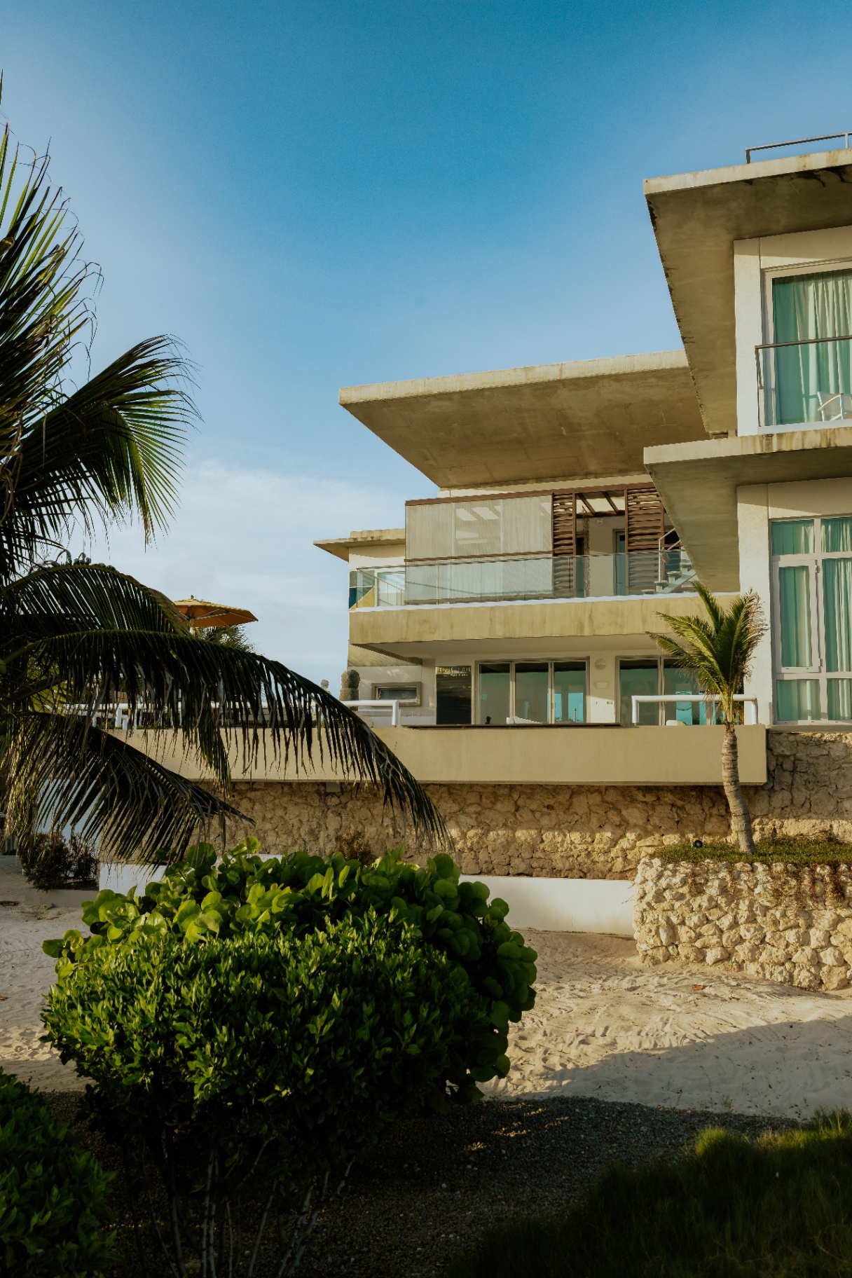 Modern beachfront villa with palms and white sand at golden hour — Connect, Friday