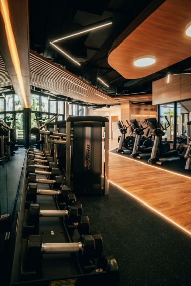 Modern gym floor at Revive with dumbbells and cardio equipment under warm wood ceiling