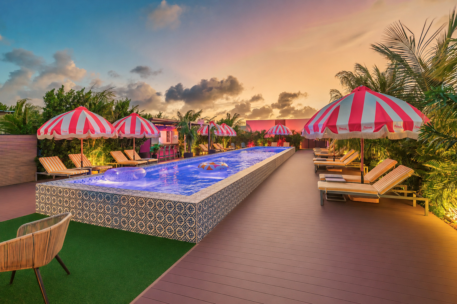 Long rooftop pool with red-striped umbrellas and orange loungers at sunset