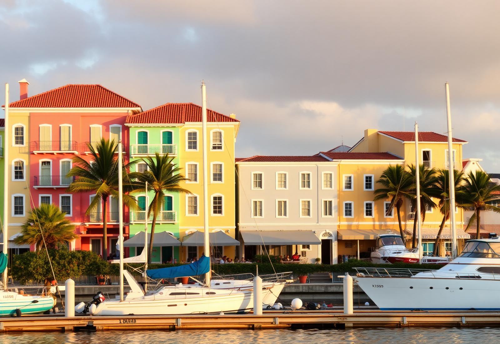 Colorful colonial waterfront of Oranjestad, Aruba at golden hour