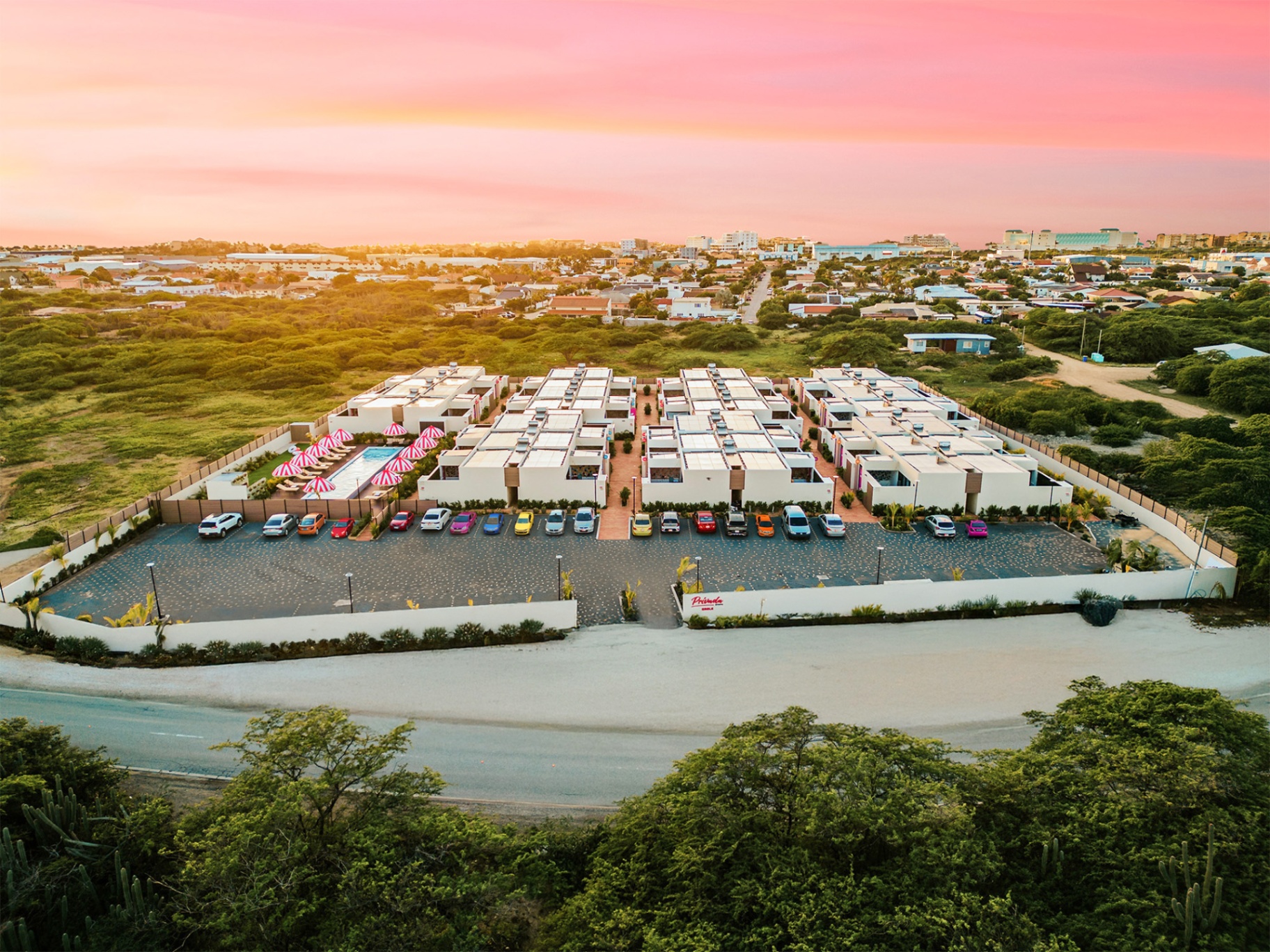 Aerial view of the Privada Stays Eagle resort at sunset